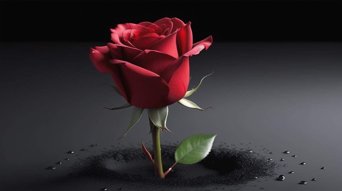 blank pure lightblack backround with one  red blooming rose,beautiful and lustful,the petals are falling on the ground,with a thin root system,
photorealistic，

