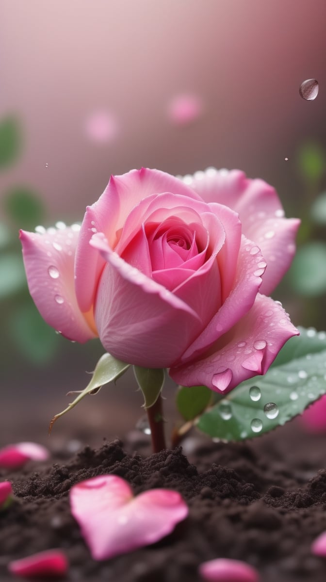  blurred background, a pink rose with 2 leaves sprouting from the soil and covered in dew, vibrant and flawless, (falling petals:1.2),and the petals falling to the ground and formed a heart shape,close-up shot.
photorealistic

