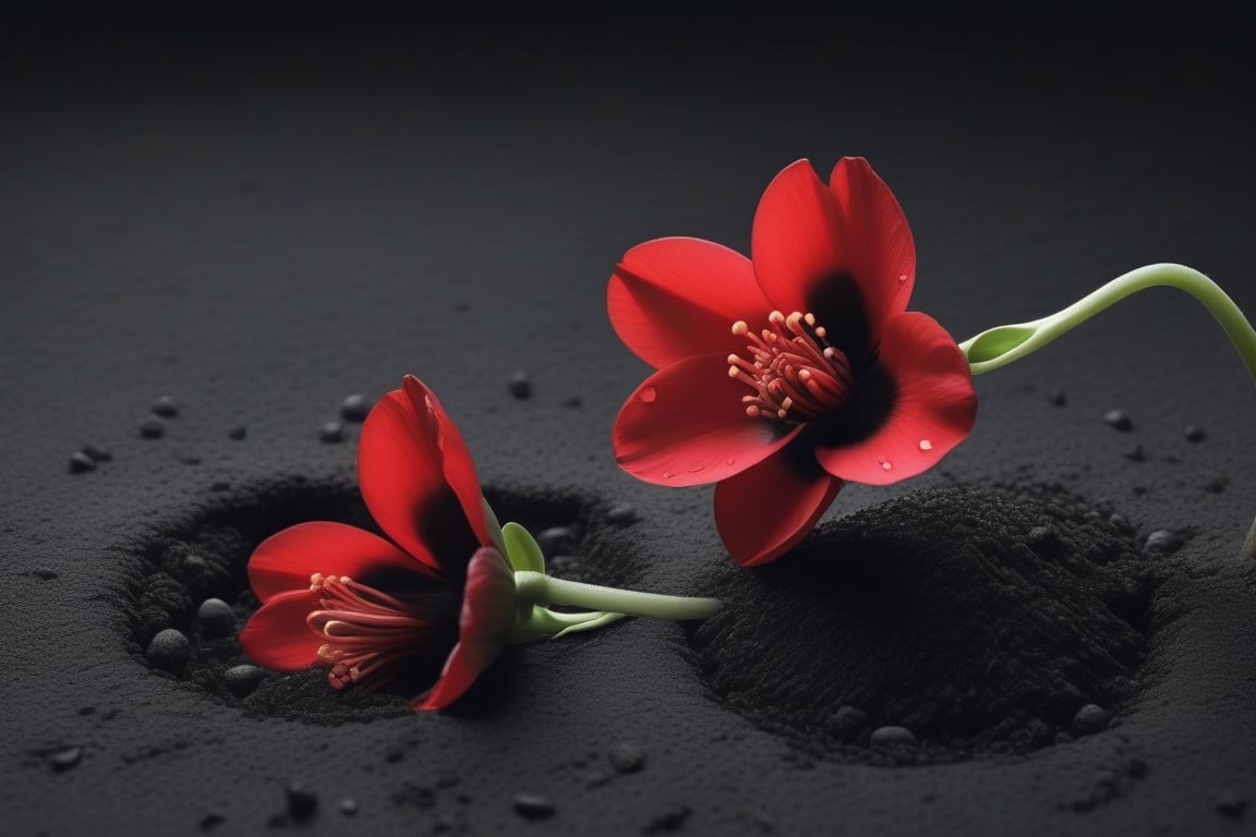 blank pure lightblack backround with one sprouting seed on the ground at the bottom of the picture,  2 red blooming flower...