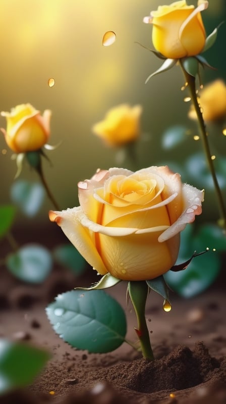 yellow blooming roses grows from the soil,vibrant and dripping with dew in brigh light,(falling petals),(blur background),and the petals formed a lovely heart on the ground,
photorealistic

