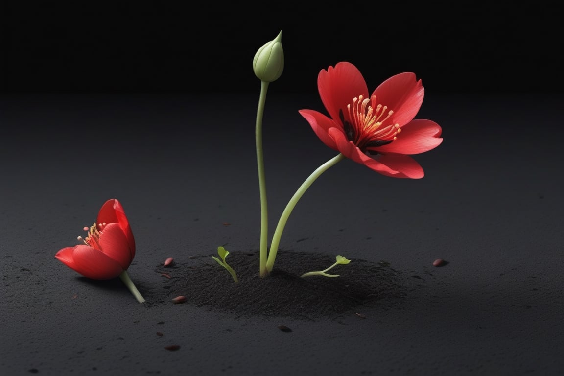 blank pure lightblack backround with one sprouting seed on the ground at the bottom of the picture,  2 red blooming flower...