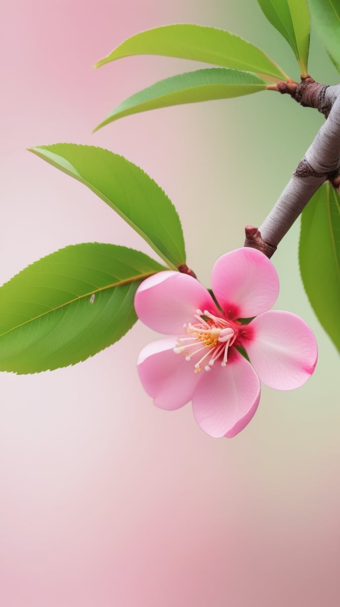 a peach tree branch with one pink flower and one bud, simple pure blank background,colorful, high contrast, detailed flower petals, green leaves, soft natural lighting, delicate and intricate branches, vibrant and saturated colors, high resolution,realistic,masterfully captured,macro detail beautiful 

