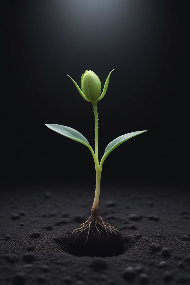 blank pure lightblack backround with one  sprouting seed on the ground at the bottom of the picture, blooming flower，with a thin root system,photorealistic，

minimalist hologram