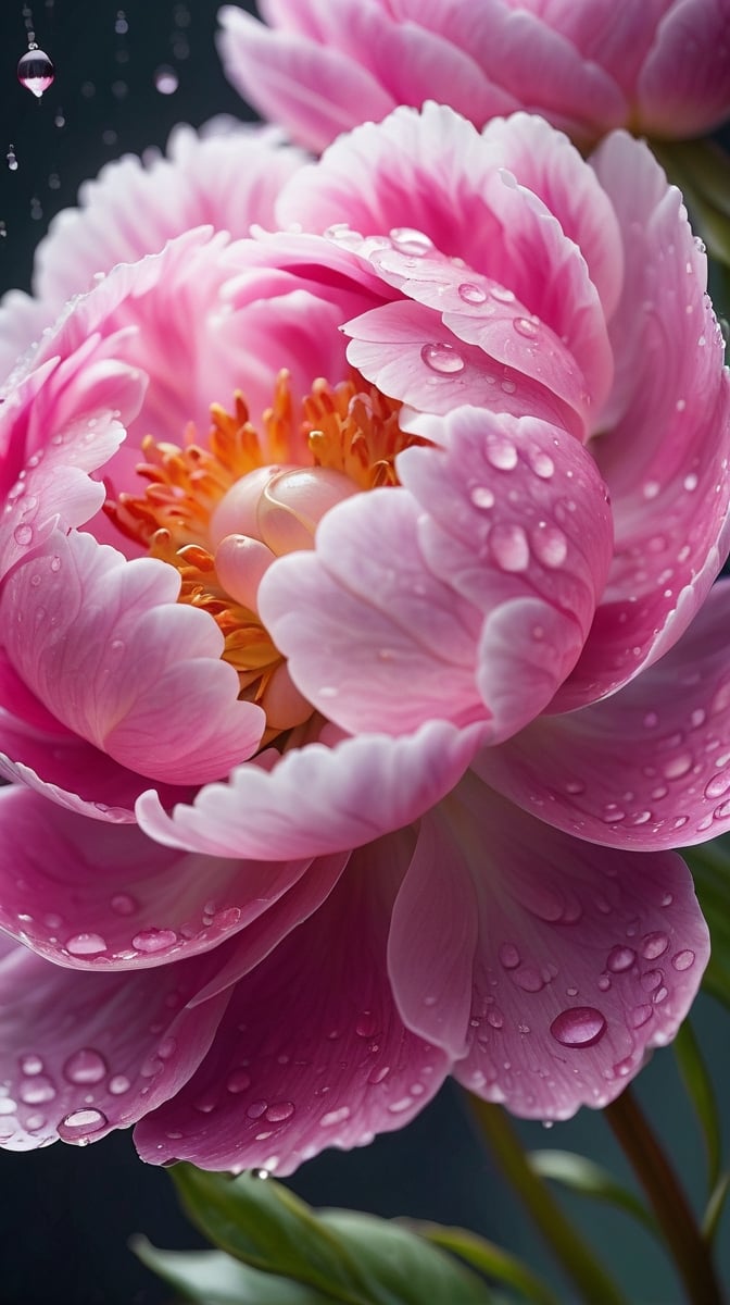 (best quality,8K,highres,masterpiece), ultra-detailed, hyper-realistic image of a dew-covered peony flower at an microscopic level, Capture the intricate details of the flower’s cellular structure, the delicate interplay of light and shadow on its vibrant petals, and the glistening droplets of morning dew clinging to the fine hairs,The background should be a soft, out-of-focus green that suggests the natural environment without detracting from the flower’s stunning details, Emphasize the contrast between the flower’s soft textures and the sharp clarity of the water droplets.