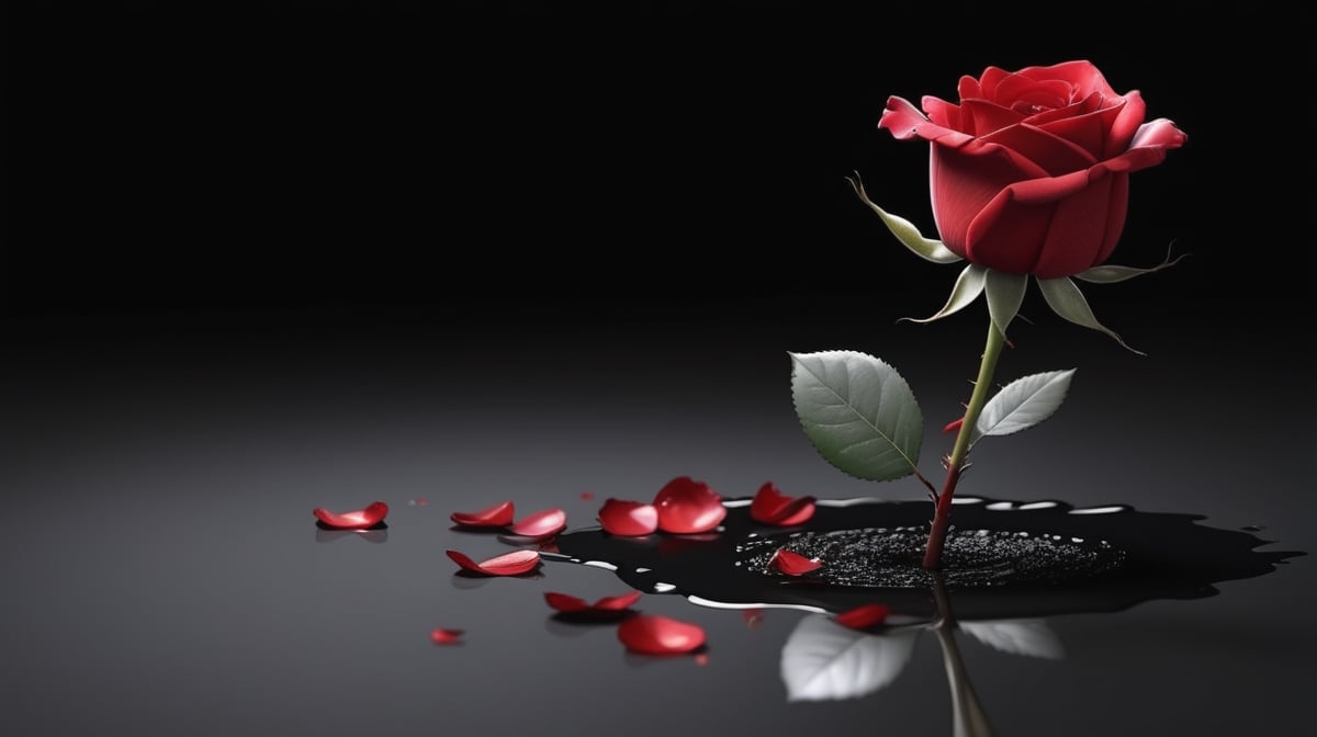 blank pure lightblack backround with one  red blooming rose,the petals are falling on the ground,with a thin root system,
photorealistic，

