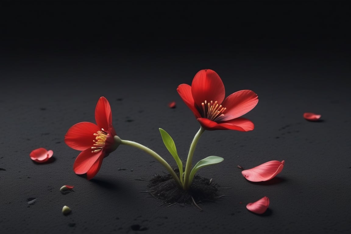 blank pure lightblack backround with one sprouting seed on the ground at the bottom of the picture,  2 red blooming flower...