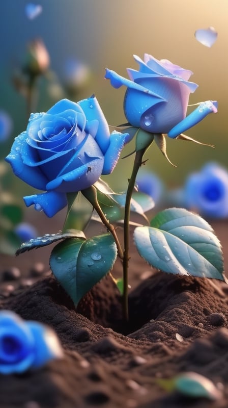 blue blooming roses growing from the soil,delicate and voluptuous covered by dew in soft brigh light,(falling petals),(blur background),and the petals formed a lovely heart on the ground,
photorealistic

