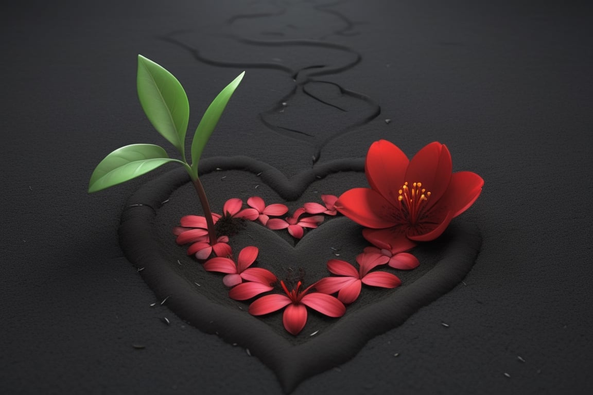 blank pure lightblack backround,  one sprouting seed with thin root system on the ground at the bottom of the picture,  3...