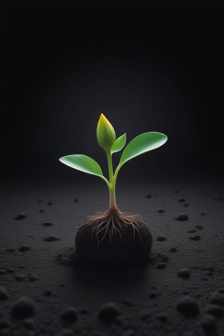 blank pure lightblack backround with one  sprouting seed on the ground at the bottom of the picture, blooming flower，with a thin root system,photorealistic，

minimalist hologram