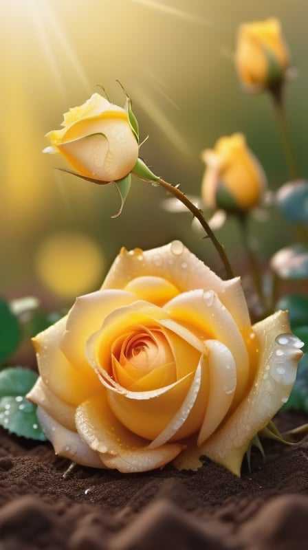 yellow blooming roses growing from the soil,delicate and voluptuous covered by dew in soft brigh light,(falling petals),(blur background),and the petals formed a lovely heart on the ground,
photorealistic

