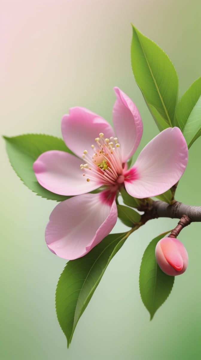 a peach tree branch with one pink flower and one bud, simple pure blank background,colorful, high contrast, detailed flower petals, green leaves, soft natural lighting, delicate and intricate branches, vibrant and saturated colors, high resolution,realistic,masterfully captured,macro detail beautiful 

