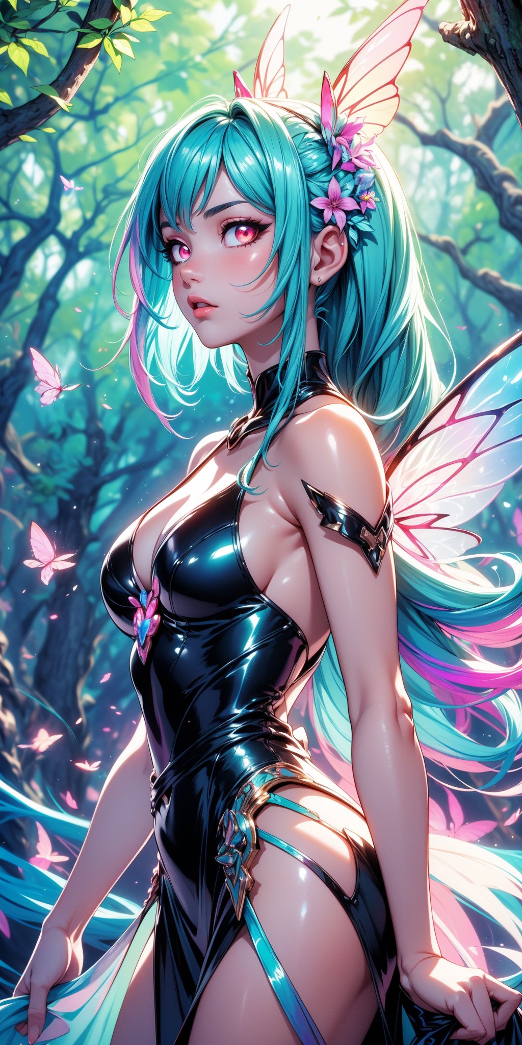 (masterpiece, best quality, extremely high resolution, aesthetic, 8K), cowboy shot from front, a beautiful cute elegant fae, she has fae wings, (she is in a colorful vibrant fantastical magical forrest:1.2), (glowing colorful magical flowers:1.3), (beautiful glowing eyes:1.2), looking at viewer, beautiful blue sky, godrays shining through the top trees, mystical lighting, backlit, (translucent, iridescent:1.3), vibrant Colors, rich colors,1 girl,Colors