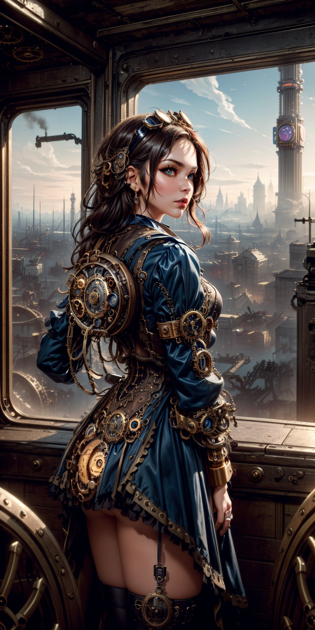 (masterpiece, best quality, extremely high resolution, aesthetic, 8K), a beautiful cute girl, (steampunk, steampunk city in background, steampunk clothing:1.5), 