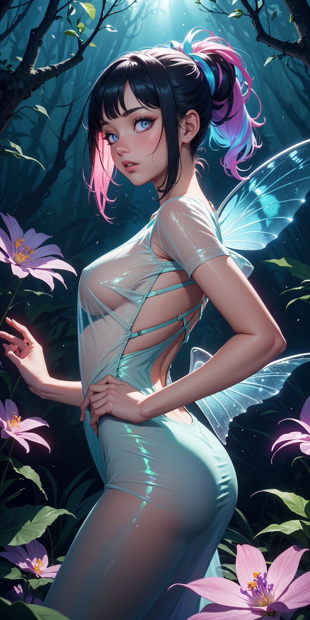 (masterpiece, best quality, extremely high resolution, aesthetic, 8K), cowboy shot from front, a beautiful cute elegant fae, (she has beautiful detailed fae wings), (she is in a colorful vibrant fantastical magical forrest:1.2), (glowing colorful magical flowers:1.4), (beautiful glowing eyes:1.2), looking at viewer, beautiful blue sky, (godrays:1.3) shining through the top trees, mystical lighting, backlit, (translucent, iridescent:1.3), (translucent clothes:1.2), (bioluminescence:1.2), vibrant Colors, rich colors,