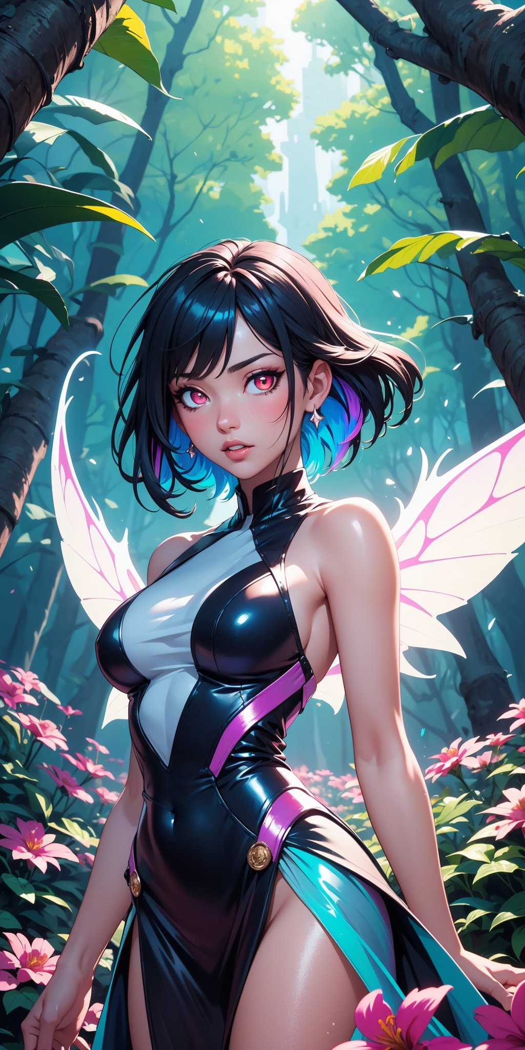 (masterpiece, best quality, extremely high resolution, aesthetic, 8K), cowboy shot from front, a beautiful cute elegant fae, she has fae wings, (she is in a colorful vibrant fantastical magical forrest:1.2), (glowing colorful magical flowers:1.3), (beautiful glowing eyes:1.2), looking at viewer, beautiful blue sky, godrays shining through the top trees, mystical lighting, backlit, (translucent, iridescent:1.3), vibrant Colors, rich colors,Colors