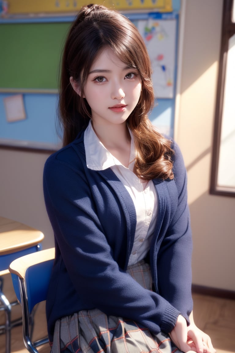 background is high school classroom,1 girl, 18 yo, beautiful girl, korean girl,sitting on chair,wearing school uniform(dark blue jacket and brown check pattern skirt),happy laugh,
solo, {beautiful and detailed eyes}, dark eyes, calm expression, delicate facial features, ((model pose)), Glamor body type, slim waist,(dark hair),long Bright wavy hair,very_long_hair, hair past hip,long straight hair,long ponytail,bangs,pale skin,detailed skin,hairpins, flim grain, realhands, masterpiece, Best Quality, 32k, high contrast,vivid color,photorealistic, ultra-detailed, finely detailed, high resolution, perfect dynamic composition, beautiful detailed eyes, sharp-focus, cowboy_shot, ,3D,GIRL,REAL,Real