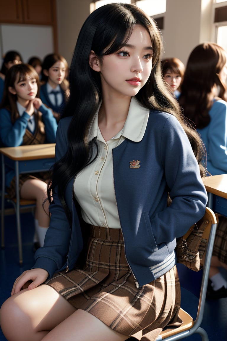 background is high school classroom,1 girl, 18 yo, beautiful girl, korean girl,sitting on chair,wearing school uniform(dark blue jacket and brown check pattern skirt),happy laugh,
solo, {beautiful and detailed eyes}, dark eyes, calm expression, delicate facial features, ((model pose)), Glamor body type, slim waist,(dark hair),long Bright wavy hair,very_long_hair, hair past hip,long straight hair,long ponytail,bangs,pale skin,detailed skin,hairpins, flim grain, realhands, masterpiece, Best Quality, 32k, high contrast,vivid color,photorealistic, ultra-detailed, finely detailed, high resolution, perfect dynamic composition, beautiful detailed eyes, sharp-focus, cowboy_shot, ,3D,GIRL,REAL