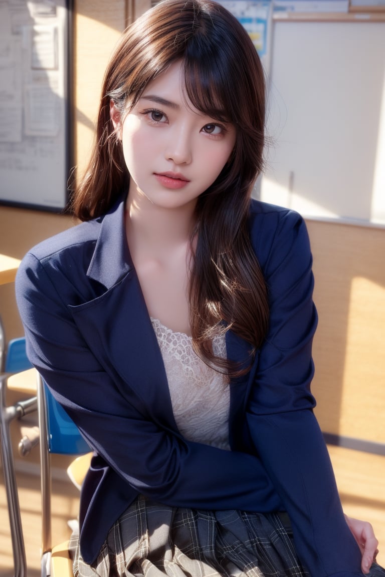 background is high school classroom,1 girl, 18 yo, beautiful girl, korean girl,sitting on chair,wearing school uniform(dark blue jacket and brown check pattern skirt),happy laugh,
solo, {beautiful and detailed eyes}, dark eyes, calm expression, delicate facial features, ((model pose)), Glamor body type, slim waist,(dark hair),long Bright wavy hair,very_long_hair, hair past hip,long straight hair,long ponytail,bangs,pale skin,detailed skin,hairpins, flim grain, realhands, masterpiece, Best Quality, 32k, high contrast,vivid color,photorealistic, ultra-detailed, finely detailed, high resolution, perfect dynamic composition, beautiful detailed eyes, sharp-focus, cowboy_shot, ,3D,GIRL,REAL,Real