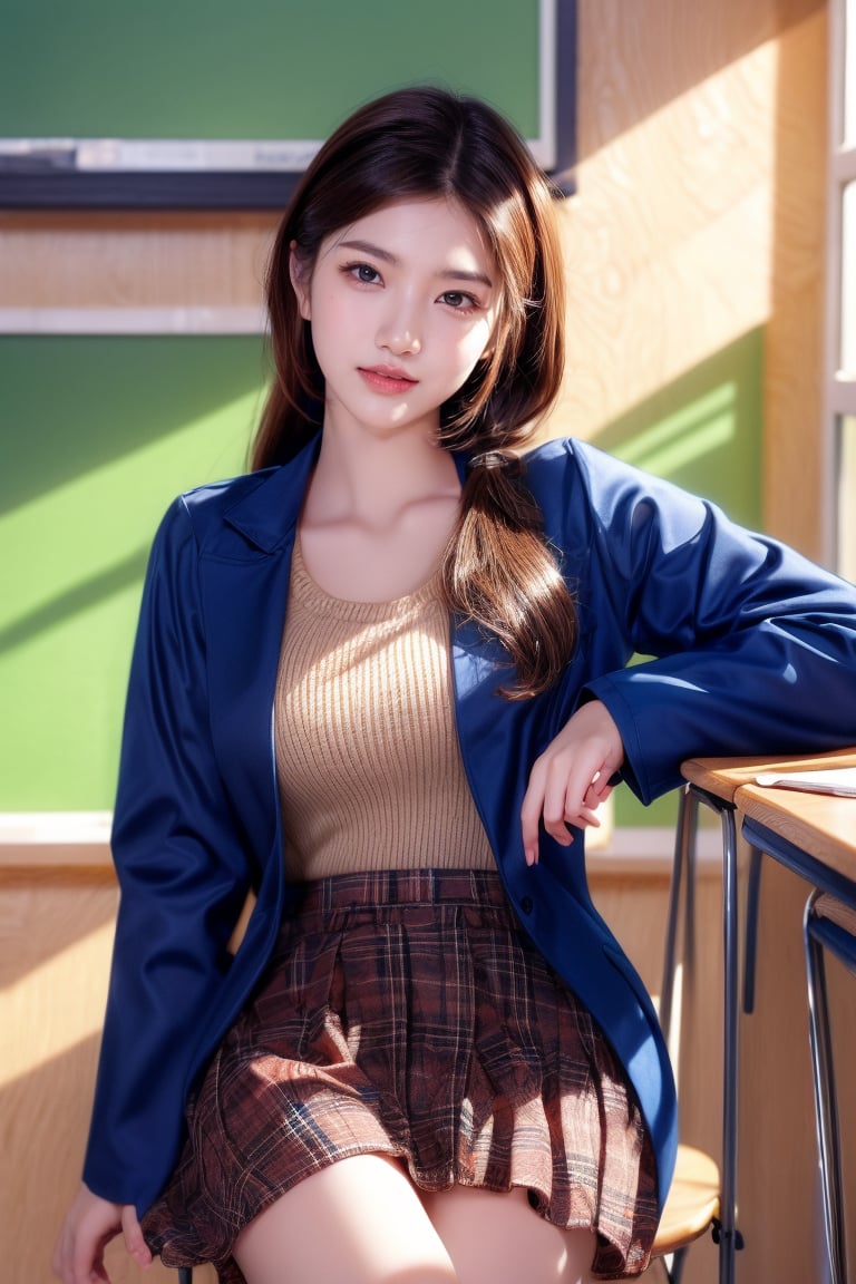 background is high school classroom,1 girl, 18 yo, beautiful girl, korean girl,sitting on chair,wearing school uniform(dark blue jacket and brown check pattern skirt),happy laugh,
solo, {beautiful and detailed eyes}, dark eyes, calm expression, delicate facial features, ((model pose)), Glamor body type, slim waist,(dark hair),long Bright wavy hair,very_long_hair, hair past hip,long straight hair,long ponytail,bangs,pale skin,detailed skin,hairpins, flim grain, realhands, masterpiece, Best Quality, 32k, high contrast,vivid color,photorealistic, ultra-detailed, finely detailed, high resolution, perfect dynamic composition, beautiful detailed eyes, sharp-focus, cowboy_shot, ,3D,GIRL,REAL,Real