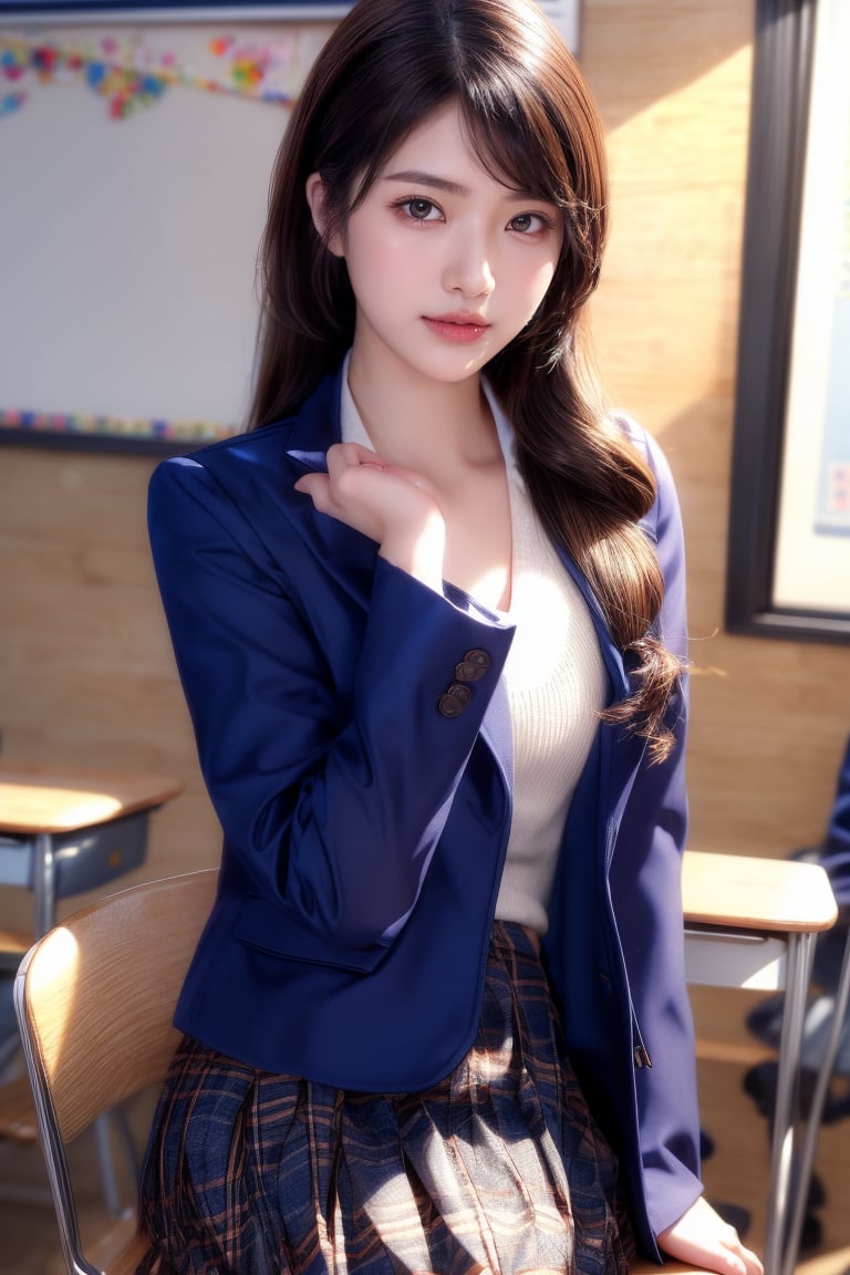 background is high school classroom,1 girl, 18 yo, beautiful girl, korean girl,sitting on chair,wearing school uniform(dark blue jacket and brown check pattern skirt),happy laugh,
solo, {beautiful and detailed eyes}, dark eyes, calm expression, delicate facial features, ((model pose)), Glamor body type, slim waist,(dark hair),long Bright wavy hair,very_long_hair, hair past hip,long straight hair,long ponytail,bangs,pale skin,detailed skin,hairpins, flim grain, realhands, masterpiece, Best Quality, 32k, high contrast,vivid color,photorealistic, ultra-detailed, finely detailed, high resolution, perfect dynamic composition, beautiful detailed eyes, sharp-focus, cowboy_shot, ,3D,GIRL,REAL,Real