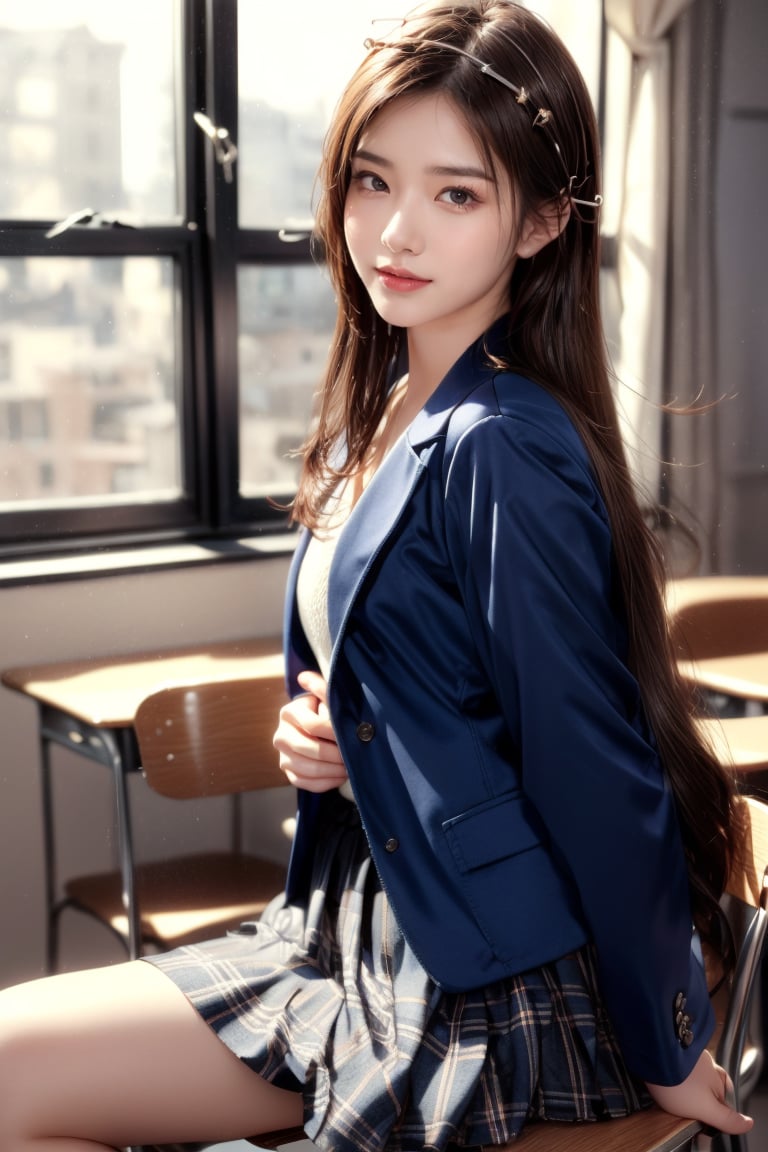 background is high school classroom,1 girl, 18 yo, beautiful girl, korean girl,sitting on chair,wearing school uniform(dark blue jacket and brown check pattern skirt),happy laugh,
solo, {beautiful and detailed eyes}, dark eyes, calm expression, delicate facial features, ((model pose)), Glamor body type, slim waist,(dark hair),long Bright wavy hair,very_long_hair, hair past hip,long straight hair,long ponytail,bangs,pale skin,detailed skin,hairpins, flim grain, realhands, masterpiece, Best Quality, 32k, high contrast,vivid color,photorealistic, ultra-detailed, finely detailed, high resolution, perfect dynamic composition, beautiful detailed eyes, sharp-focus, cowboy_shot, ,3D,GIRL,REAL