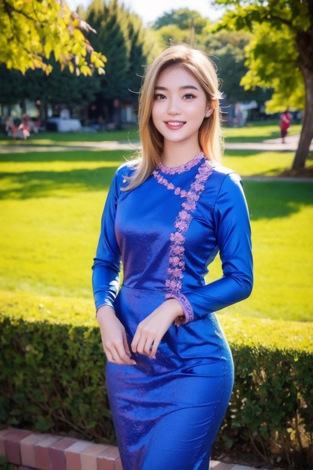 1girl, beautiful young woman, blonde, smiling, (in beautiful Myanmar national dress in blue color), sunny day, public park garden, realistic, ,myanmar_dress