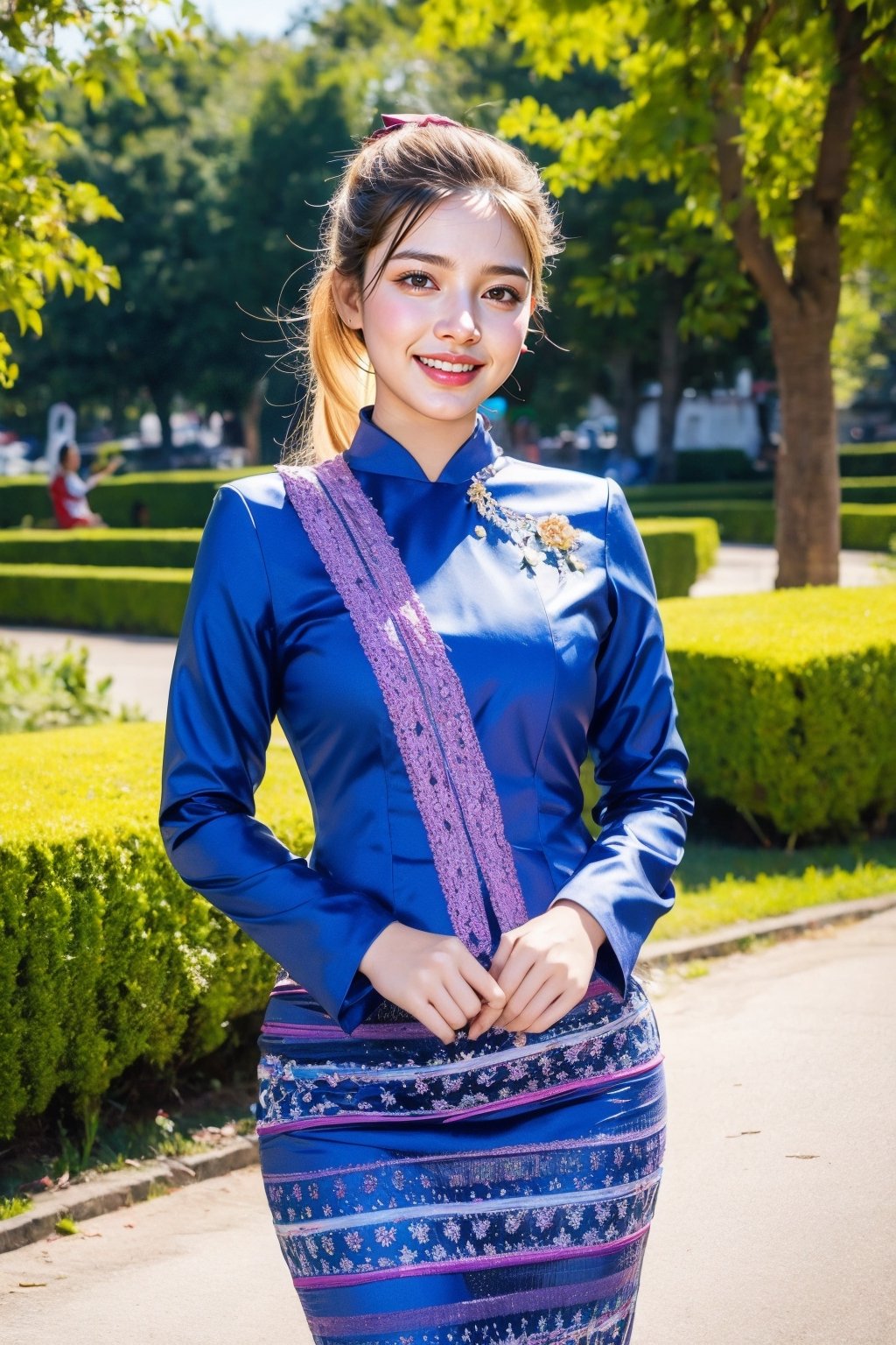 1girl, beautiful young woman, blonde, smiling, (in beautiful Myanmar national dress in blue color), sunny day, public park garden, realistic, ,myanmar_dress