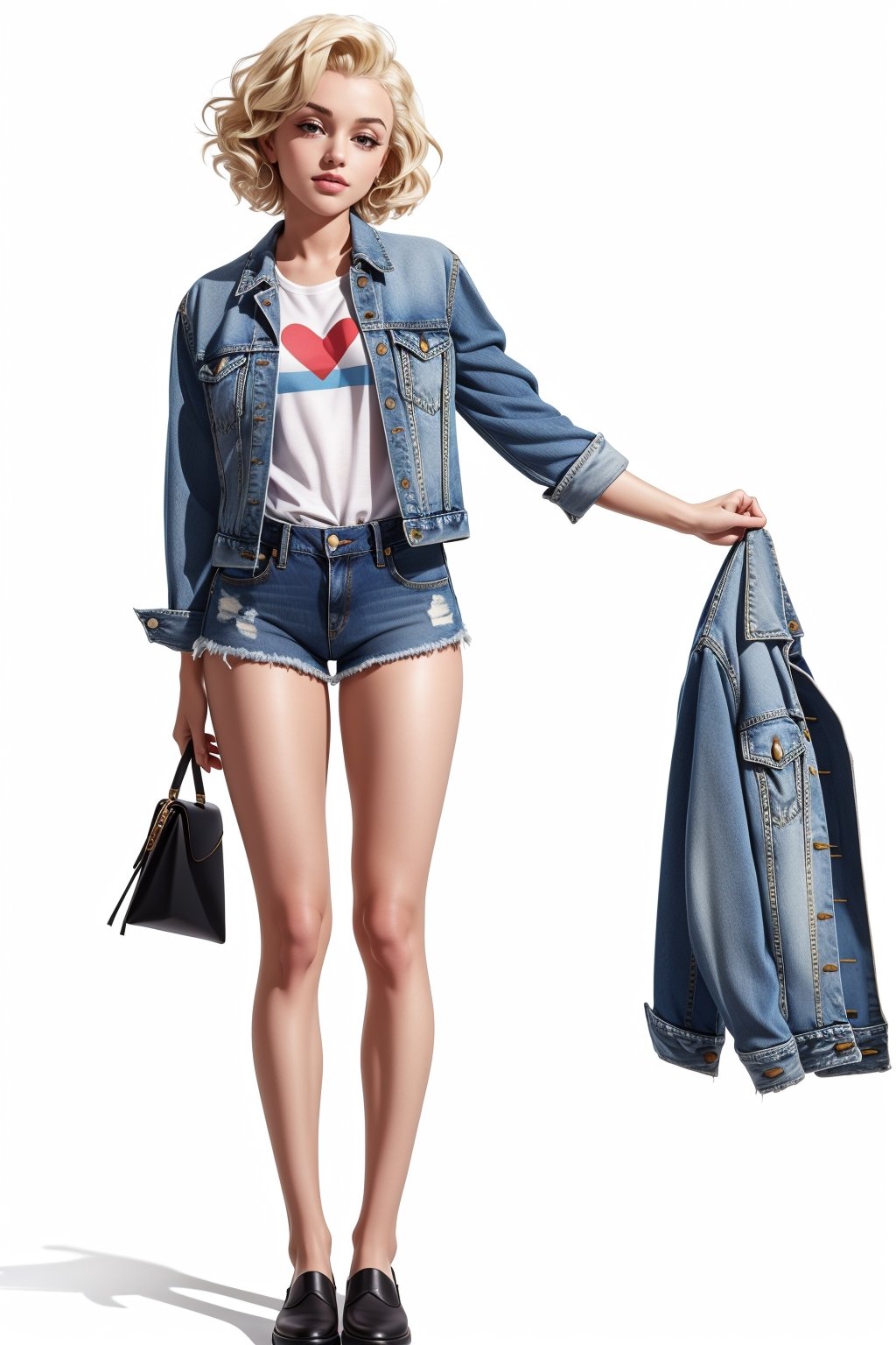 a girl ,Marilyn Monroe's classic hairstyle,perfect body,full-body_portrait, Denim jacket, denim shorts,white background,Android_18_DB