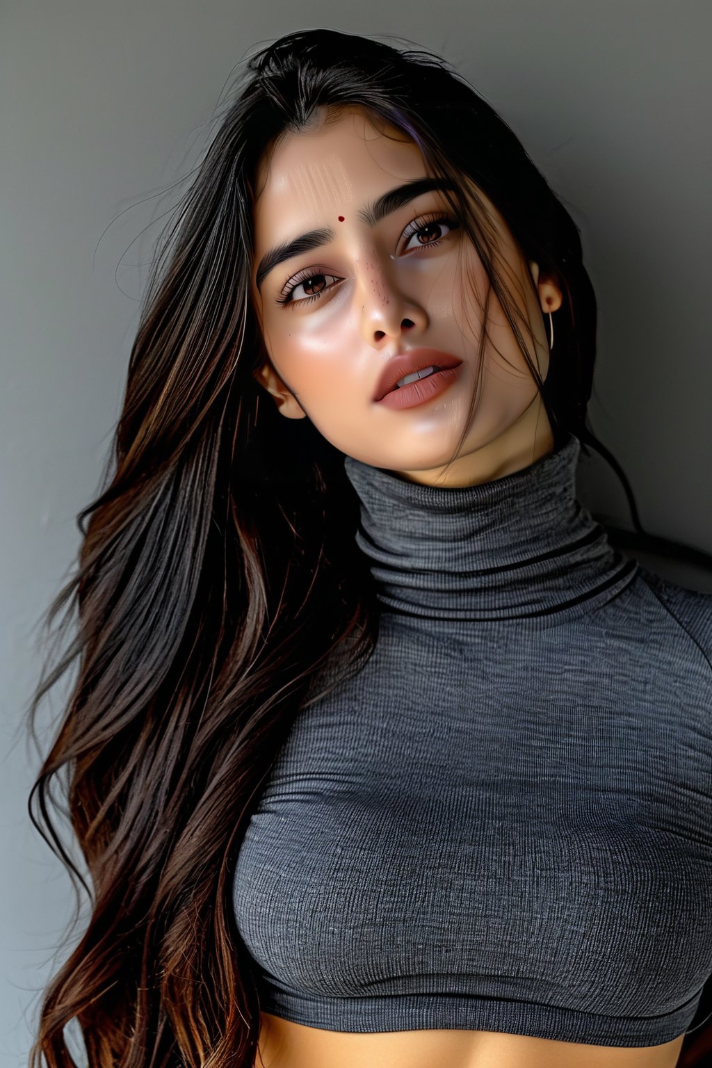 A young woman with striking features and long, dark brown hair cascading down her back, gazes directly into the camera's lens. Her piercing brown eyes sparkle as she tilts her head slightly to one side, showcasing luscious lips. She wears a fitted grey turtleneck sweater that accentuates her toned upper body, set against a subtle grey background that complements her raven-haired beauty.,T shape navel 