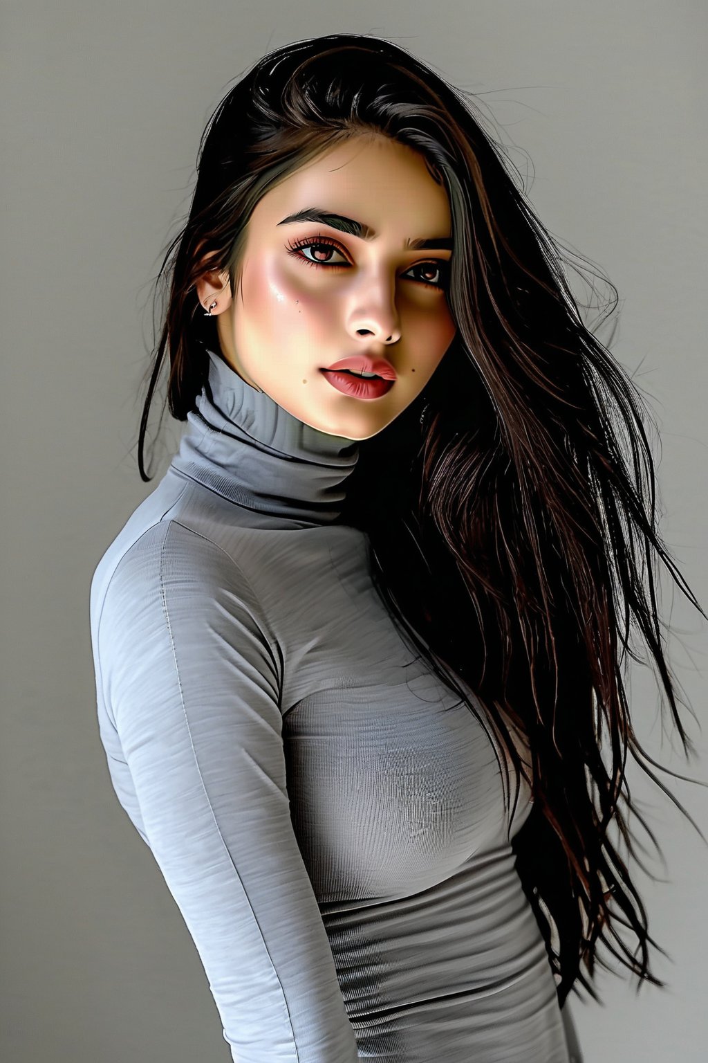 A young woman with striking features and long, dark brown hair cascading down her back, gazes directly into the camera's lens. Her piercing brown eyes sparkle as she tilts her head slightly to one side, showcasing luscious lips. She wears a fitted grey turtleneck sweater that accentuates her toned upper body, set against a subtle grey background that complements her raven-haired beauty.,T shape navel 