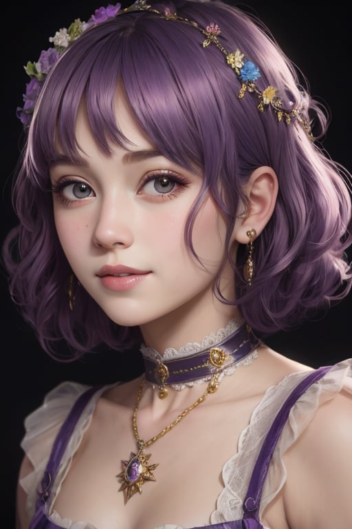 a cute little girl with big eyes, a pretty happy face, look at the camera, purple hairs, graceful flutter, hyperdetailed, minimalism, dynamic pose, cinematic light, hopeful, close-up,bust portrait, 