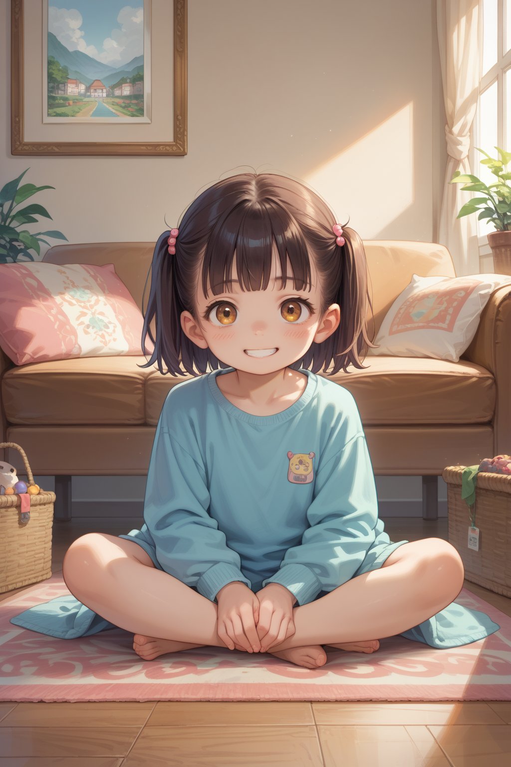 score_9,score_8_up,score_7_up,source_anime,BREAK,looking at viewer,1girl,loli, smile, living room, sit, full body, score_7_up,masterpiece,best quality