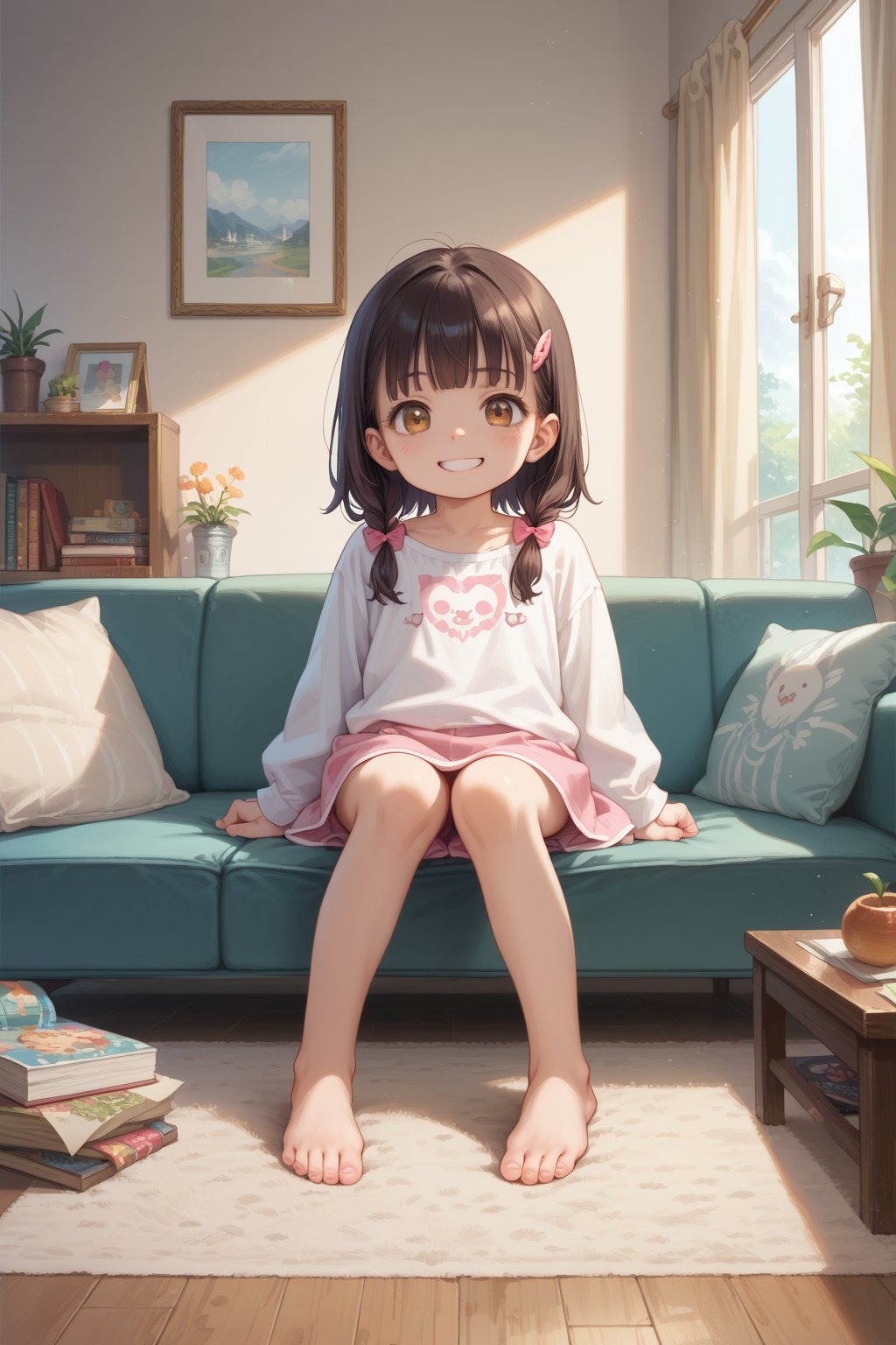 score_9,score_8_up,score_7_up,source_anime,BREAK,looking at viewer,1girl,loli, smile, living room, sit, full body, score_7_up,masterpiece,best quality