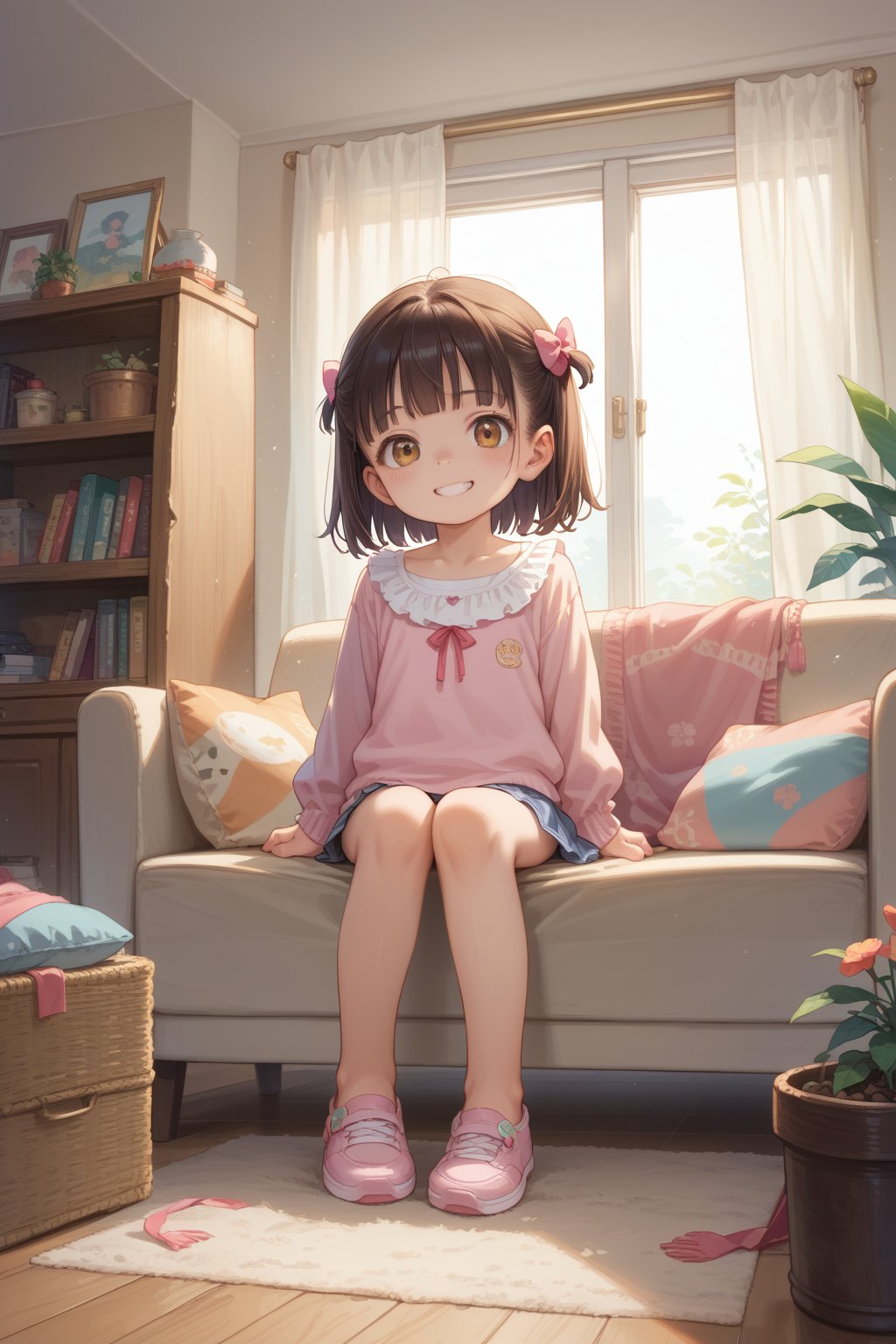 score_9,score_8_up,score_7_up,source_anime,BREAK,looking at viewer,1girl,loli, smile, living room, sit, full body, score_7_up,masterpiece,best quality