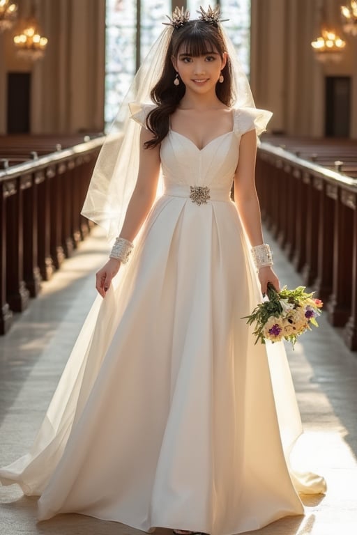 momo, wearing a white satin ballgown wedding dress, opera gloves, veil, tiara, bow belt, holding bouquet, walking down the aisle in a grand cathedral, realistic, HD, 4k, crisp resolution,  masterpiece, best quality, ultra-detailed, ultra high res, (photorealistic:1.4), raw photo, (realistic:0.2), CG, {4k|8k} HDR, perfect lighting, 1girl, solo, looking at viewer,  (detailed background :1.1), ((masterpiece)), (best quality), perfect anatomy, highres, detailed, (8k), photorealistic,best quality, ultra highres,  ((detailed face)), full_body