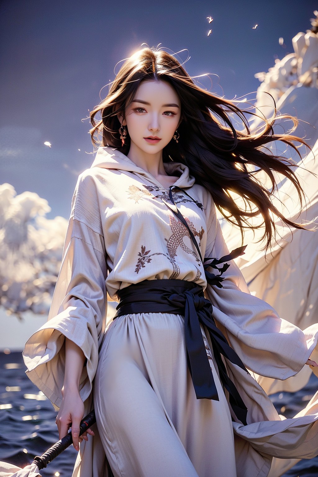 tempestmagic ,fantasy,wind storm, excessive energy , floating, enchanted robe , holding staff, mage staff , hood up, glowing hair, 1girl,glowing eyes, long hair,bj_elegant