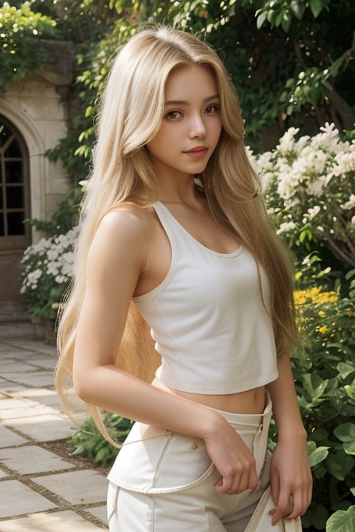 Beautiful long golded-haired young woman wearing a white tanktop in the beautiful garden. 