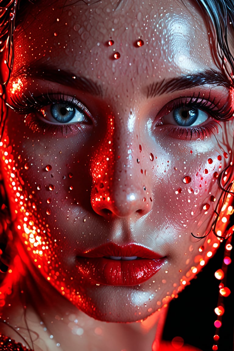 (digital art, ultra-realistic, high detail, high resolution, photorealistic) close-up of a woman's face with eyes closed, illuminated by a deep red light. The face is covered with droplets of red water, creating an abstract geometric pattern. The background is a black-glittered texture, enhancing the sparkle and reflection of the droplets. The woman's eyelashes and lips are accentuated, with the red light adding a shimmering effect. The overall atmosphere is dark, mysterious, and vibrant, with a focus on the contrast between the red and black elements, giving a surreal and captivating visual experience.,Beauty,LoRA,1girl silver hair blue dress,Cartoon