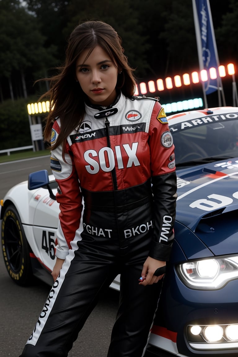 photo, Sportscar, woman, racing flag, harsh camera flash,1gril,LoRA