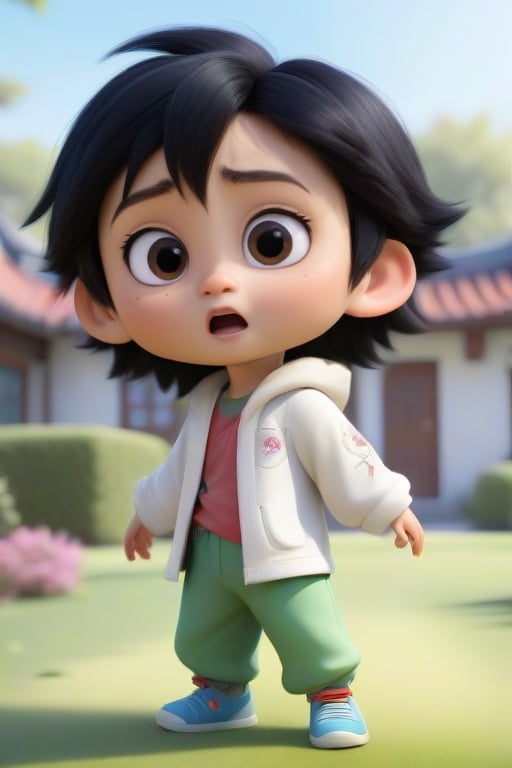 4d photographic image of full body image of a cute little chibi boy, surreal, black hair, vivid colours octane render trending on artstation, artistic photography, photorealistic concept art, soft natural volumetric cinematic perfect light, UHD white background, Dream House, Disney style, Disney Pixar style,score_9, modern Disney, Chinese Tai Chi diagram