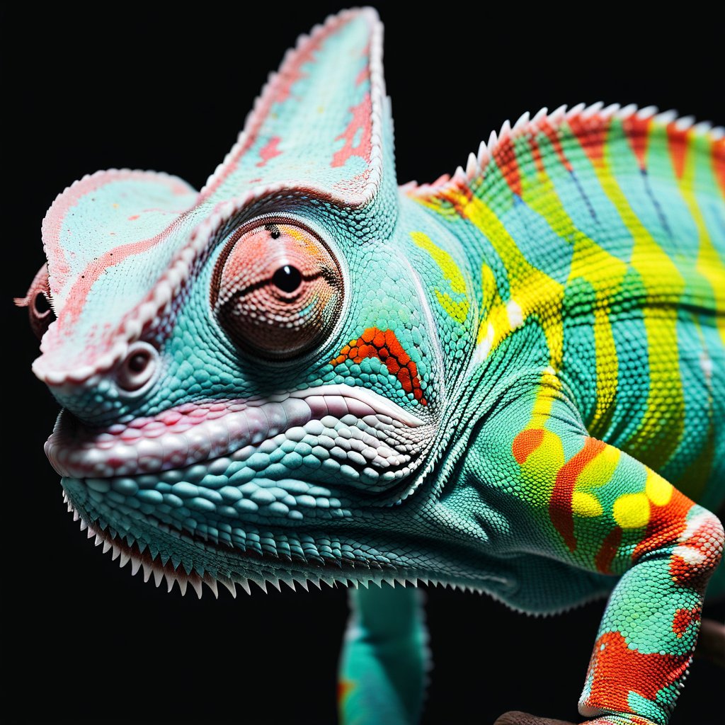  studio photograph closeup of a chameleon over a black background