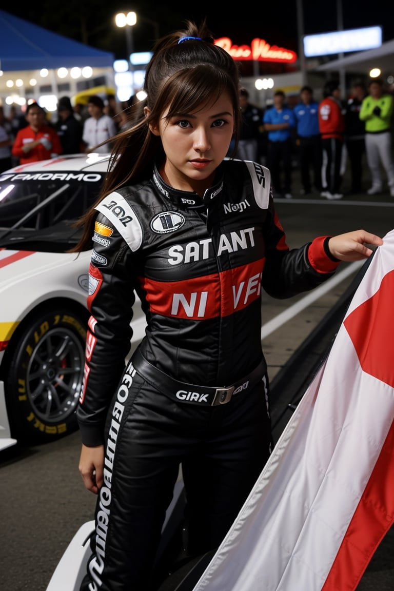 photo, Sportscar, woman, racing flag, harsh camera flash,1gril