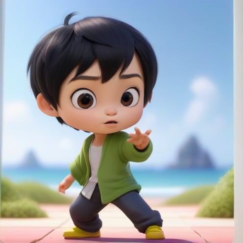 4d photographic image of full body image of a cute little chibi boy, surreal, black hair, vivid colours octane render trending on artstation, artistic photography, photorealistic concept art, soft natural volumetric cinematic perfect light, UHD white background, Dream House, Disney style, Disney Pixar style,score_9, modern Disney, Chinese Tai Chi diagram