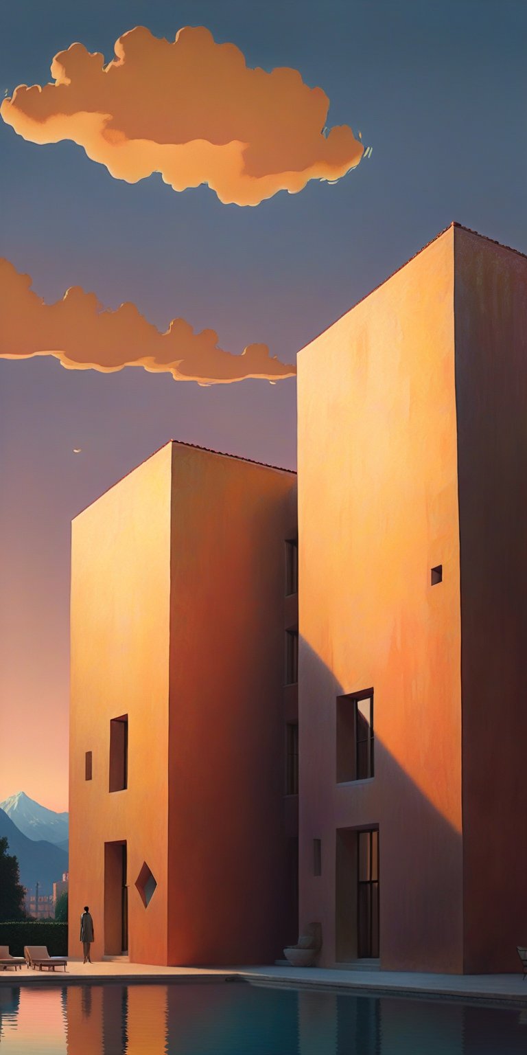 "Create a minimalist image emphasizing the vastness of Paul Chadeisson's designs and the style of René Magritte.", "The scene is set at sunset, with warm, golden hues casting a gentle glow over the architecture, enhancing the tranquil and refined atmosphere. Depict a vast, expansive space scene with breathtaking scale against a grand, immersive outer space background. Feature a massive structure that features simplified forms and geometric shapes, emphasizing clean lines and smooth surfaces. A restrained color palette with neutral tones and minimal accents creates a cohesive and sophisticated look. Unnecessary embellishments are removed, focusing on functionality and clarity. Increased negative space provides a sense of airiness and lightness. High-quality, natural materials with simple finishes add elegance. Proportion and balance ensure harmony, while subtle textures and details add depth without overwhelming the design's simplicity."