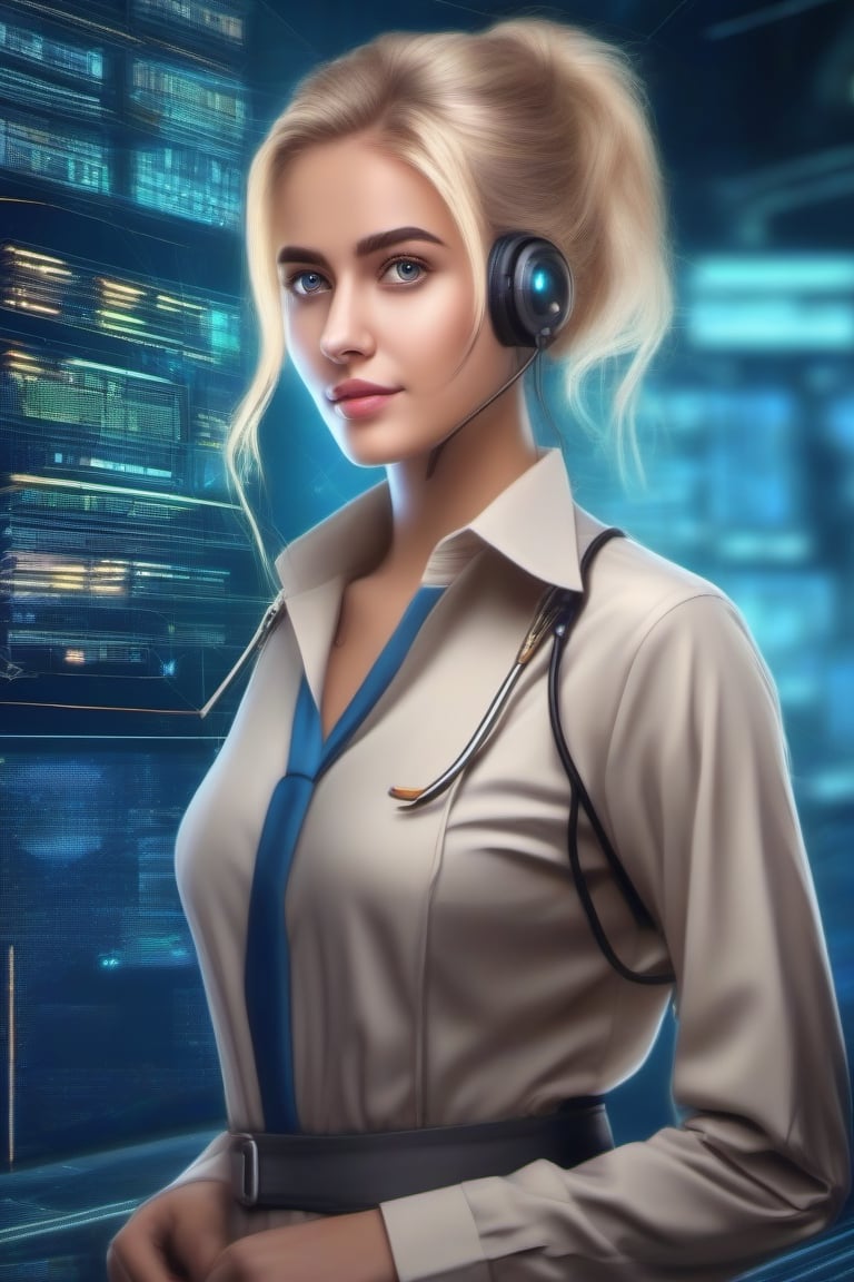 Working Women beautiful young lady 20 age standing talk perfect face eyes hair blonde mouth programmer hacker doctor ceo e...