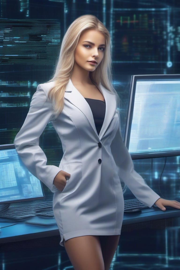 Working Women beautiful young lady 24 age standing talk perfect face eyes hair blonde mouth programmer hacker doctor ceo e...