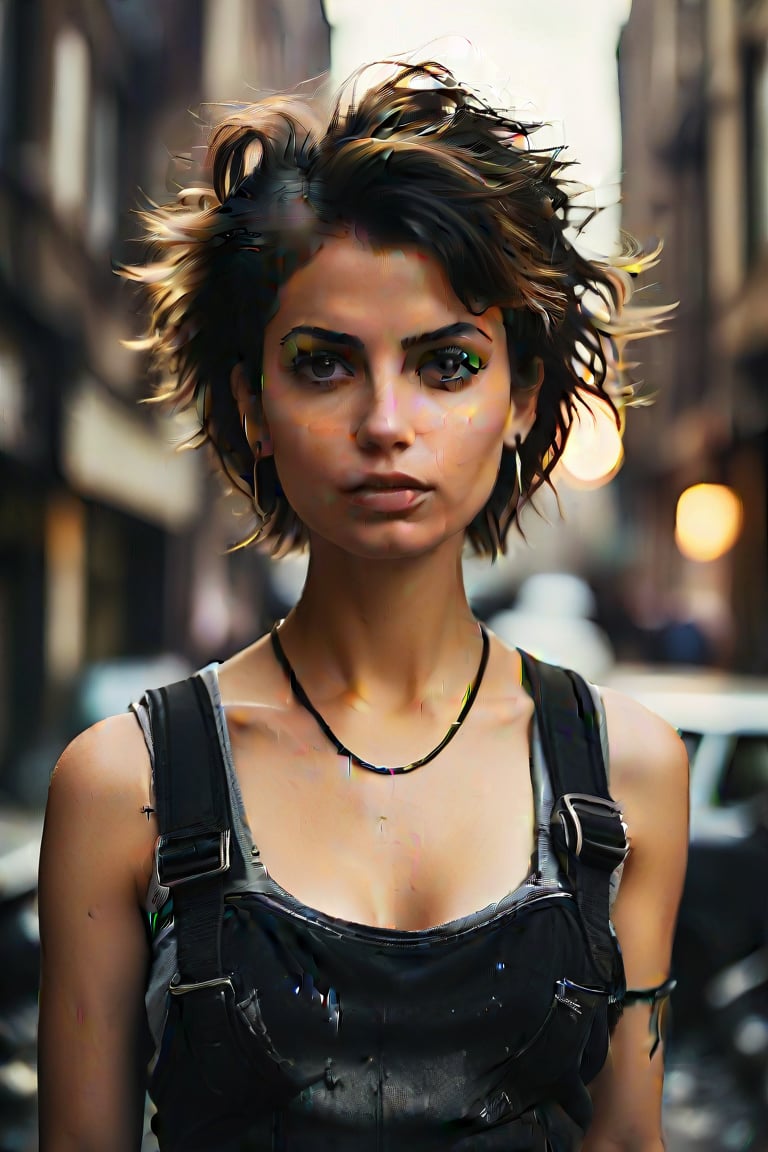 A cinematic still life photograph of a beautiful woman amidst a backdrop of gritty urban chaos. The image is captured on 35mm film, with a shallow depth of field that softly focuses on her face while the bokeh-rich background dissolves into a hazy blur. Vignette-like, the frame is cropped to emphasize her moody expression, set against a cityscape rendered in high-contrast black and white. The overall aesthetic exudes a high-end Hollywood movie vibe, with textured film grain adding to the gritty, distressed atmosphere. The woman's punk rock-inspired style and the dirty, grimy surroundings evoke a sense of raw rebellion.,<lora:659095807385103906:1.0>