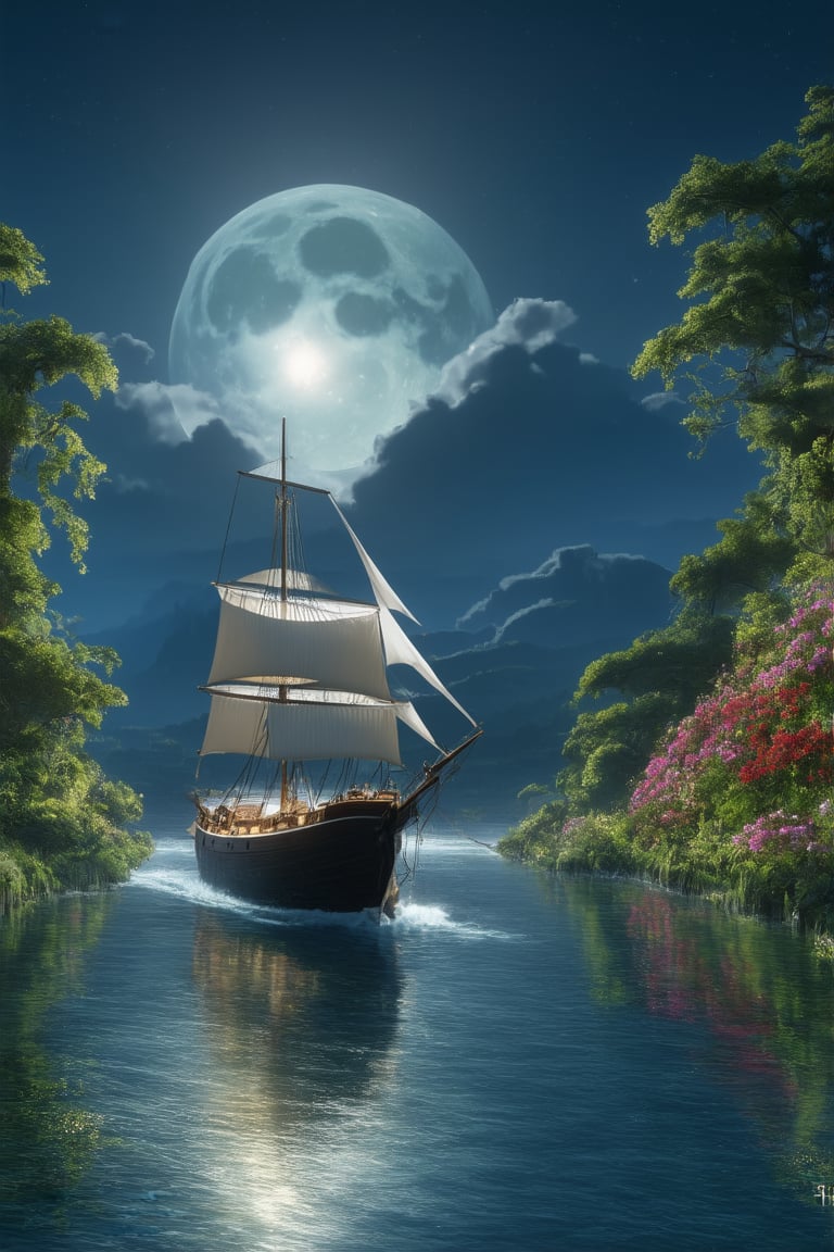 A majestic arafed sailboat glides effortlessly across the tranquil ocean at dusk, under the soft glow of a full moon suspended in the dark blue sky. The sailboat's billowy sails are perfectly framed against the dreamy fantasy forest landscape, where lush greenery and vibrant flowers sway gently in the breeze. In the distance, the mystical Silk Road landscape unfolds, its ancient architecture and radiant energy casting an otherworldly aura. A perfect blend of wonder and magic transports viewers to a world beyond reality.