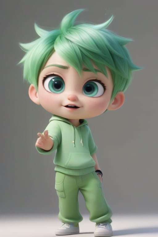 4d photographic image of full body image of a cute little chibi boy, surreal, green hair, vivid colours octane render trending on artstation, artistic photography, photorealistic concept art, soft natural volumetric cinematic perfect light, UHD white background, Dream House, Disney style, Disney Pixar style,score_9, modern Disney, Chinese Tai Chi diagram