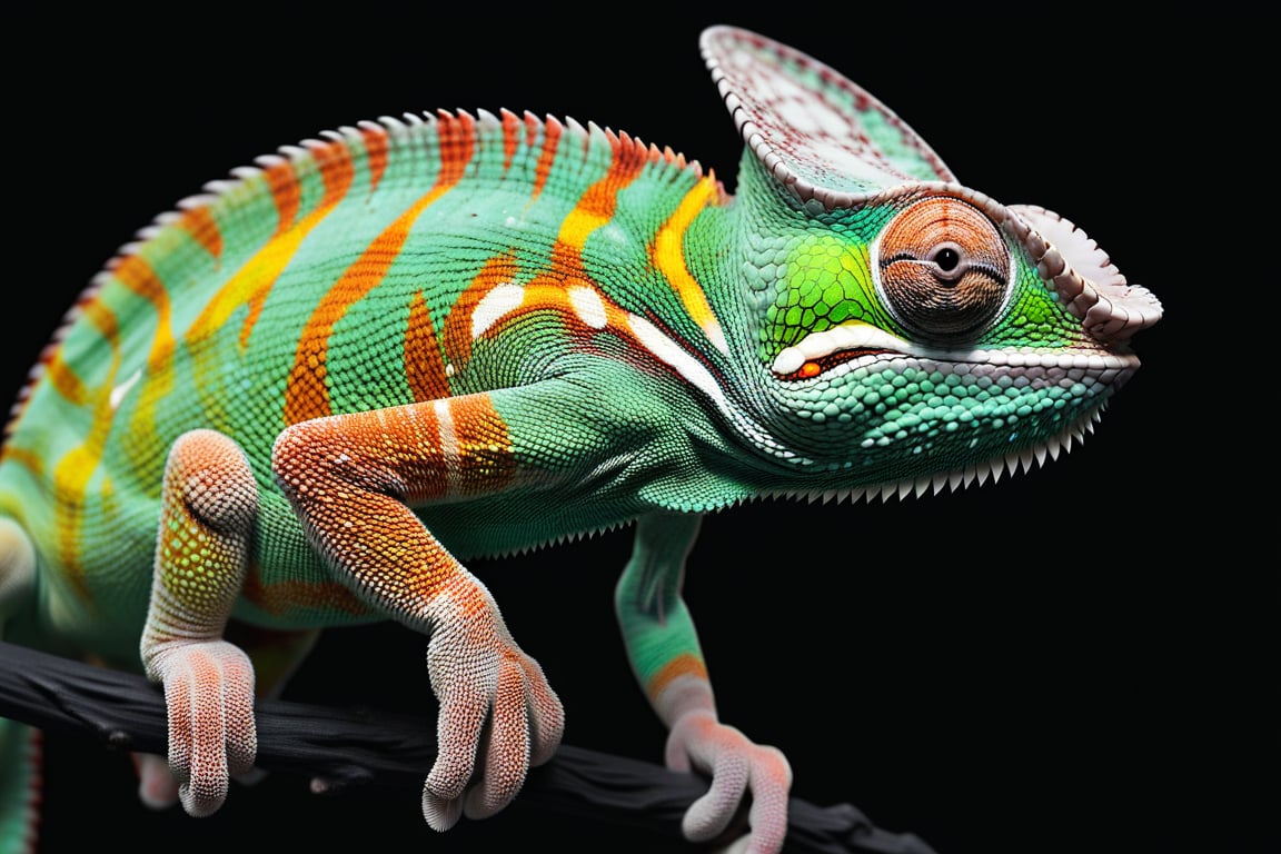  studio photograph closeup of a chameleon over a black background